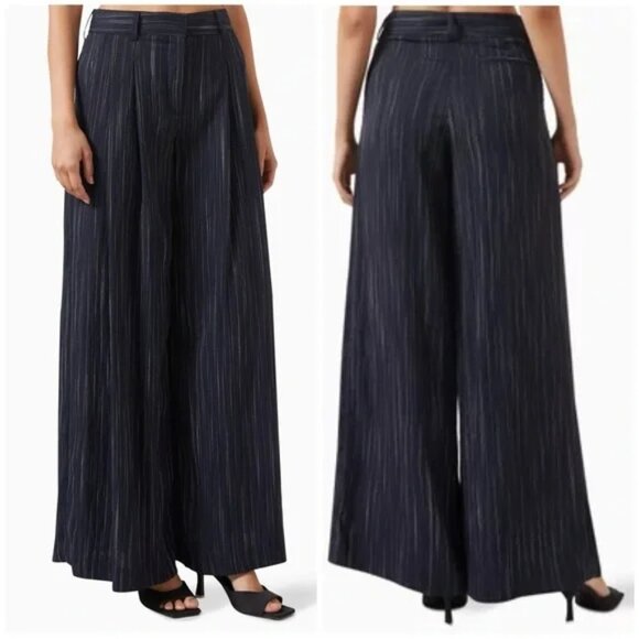 New TWP Didi Wide Leg Pants Pleat Navy Blue Stripe
